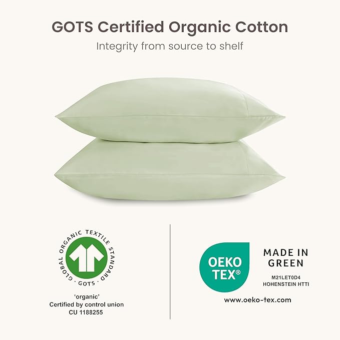 Bioweaves 100% Organic Cotton Envelope Pillow Cases 300 Thread Count Soft Sateen Weave GOTS Certified – 20 X 27, Set of 2, Pastel Green