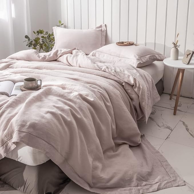 Simple&Opulence 100% Washed Linen Duvet Cover with Embroidered, 3 Pieces Soft Farmhouse Comforter Set with Button Closure,1 Duvet Cover and 2 Pillowshams(King, Dusty Pink)