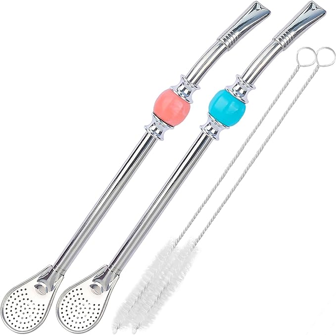 Premium Yerba Mate Straws - Reusable Stainless Steel Bombilla with Colorful Beads - Set for Mate Gourd Drinking, Removable Head Filter (Pink and Blue)