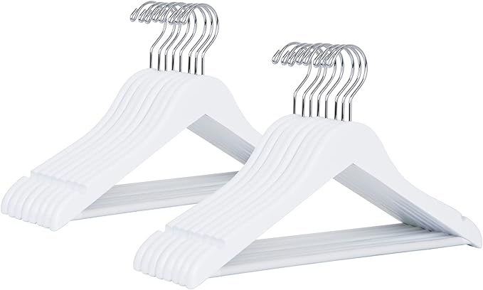 Amber Home 20 Pack 15" White Wooden Clothes Hangers for Woman, Teenager Clothing Hangers for Shirt Jacket, Solid Wood Dress Coat Hangers with Non Slip Pants Bar (White, 20)