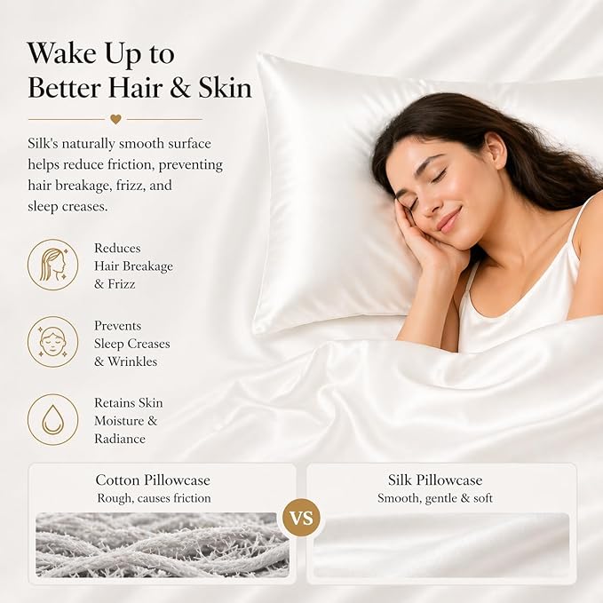 White Silk Pillow Cases King with Zipper Made in USA, Real 22 Momme Mulberry Silk Pillowcase for Hair and Skin, Premium Pillow Cover, 100% Organic, Anti Acne, 1 Pc 20"x36" (King, White)