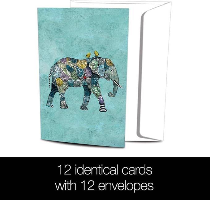 Tree-Free Greetings - All Occasion Cards - Artful Designs - 12 Greeting Cards + White Envelopes - Made in USA - 100% Recycled Paper - 4 x 6 - Elephant and Yellow Birds (AFS1037)
