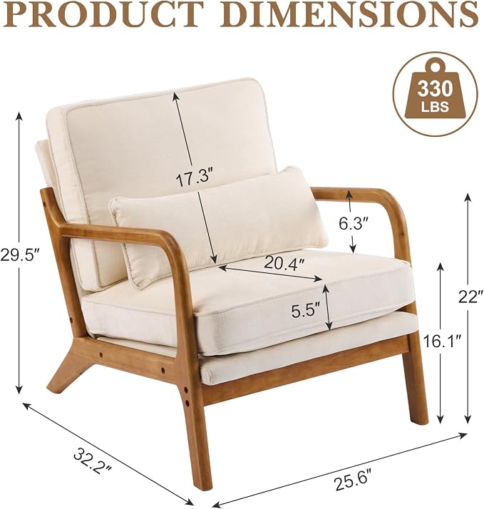 Karl home Mid-Century Modern Accent Reading Chair, Creamy | Chenille Upholstered, Solid Wood Frame, Soft Cushion, Lumbar Pillow, Lounge Armchair for Living Room, Bedroom, Balcony, Study