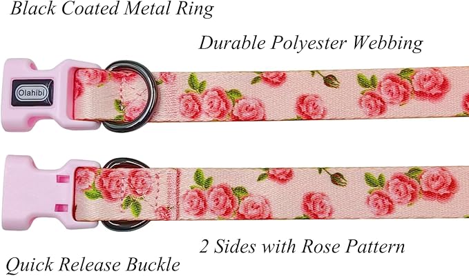 Dog Collar Leash Set, Floral Pattern, Polyester Material, Adjustable Collar and 5ft Matching Leash, for Large Dogs.(L, Pink Rose)