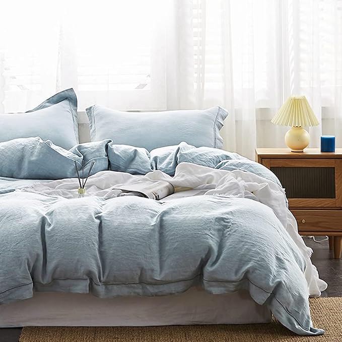 Simple&Opulence 100% Washed Linen Duvet Cover with Embroidered,3 Pieces Soft Farmhouse Comforter Set with Button Closure,1 Duvet Cover and 2 Pillowshams(Queen,Dusty Blue)