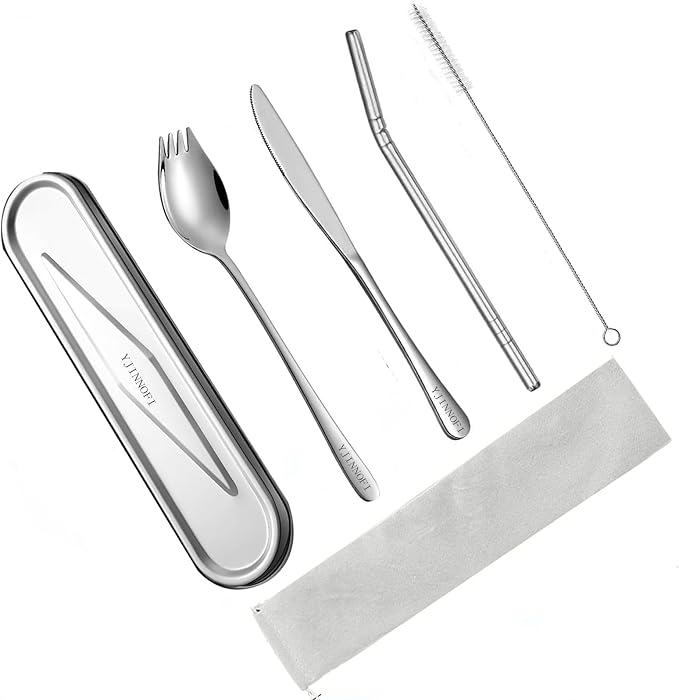 Travel Utensils Set with Steel Case, 6-Piece 18/8 Stainless Steel Spork and Reusable Straw Kit, Silent Locking Design, Portable Silverware for Camping, Office & Eco-Friendly Travel