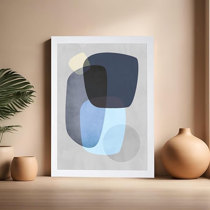 Monem Art Abstract Blue Shapes Print - Scandinavian Minimalist Art Poster - Wall Decor for Living Room, Bedroom or Office - 16x20 White Framed Wall Art by Mareike Bohmer