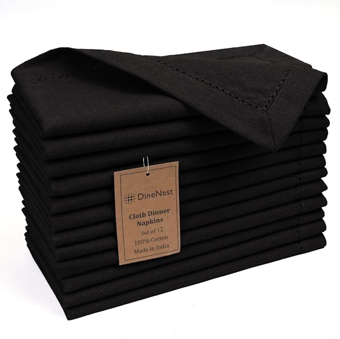 Hemstitch Cloth Dinner Napkins 100% Cotton Set of 12 - for Dining Special Occasions Weddings Parties Holidays Easter - Soft Durable Reusable - 18x18 Inch Table Cloth Napkins Black