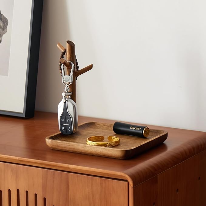 Solid Acacia Wood Key Tray and Bowl for Entryway Table - Jewelry Tray With 3 Hooks, Open Storage for Wallet, Glasses, Watches, Lipstick (Acacia, Square)