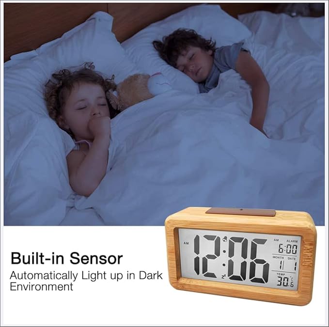 Alarm Clocks, Digital Alarm Clock Wooden Large LED, Smart Sensor Night Light with Snooze, Date, Temperature, 12/24Hr Switchable,Easy to Use,Solid Wood Shell, for Bedrooms and Travel