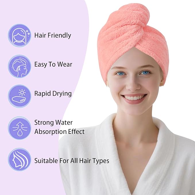 Microfiber Hair Drying Towel Wrap for Women, Hair Turbans Towel for Wet Hair,turbie Twist Hair Towels(The Color of the Picture is for Reference only) (Pink-Double Layer)