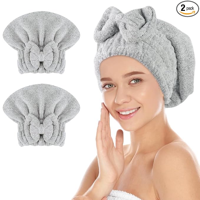 SUNLAND Large Microfiber Hair Drying Caps with Bow knot Fast Drying Shower Cap Soft and Absorbent hairWrap Hair Turban Bath Caps for Curly Thick and wet Hair 11 X 13.4 inch 2 Pack Grey