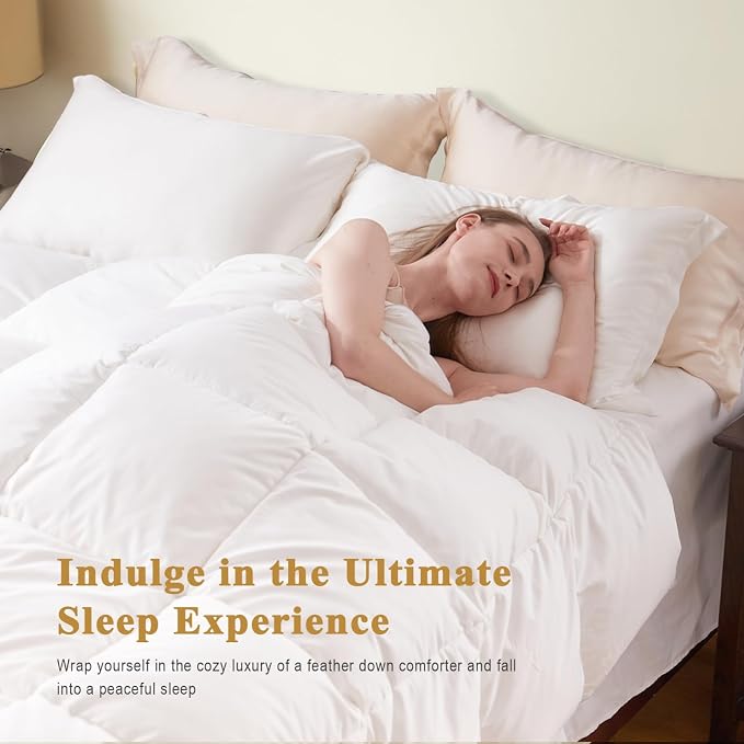 TOPGREEN Organic Feather Down Comforter Oversized Queen, Luxury Extra-Fluffy Duvet Insert, All Season Bed Comforter with Ultra-Soft Organic Cotton Case (98x98 Inch, Ivory White)