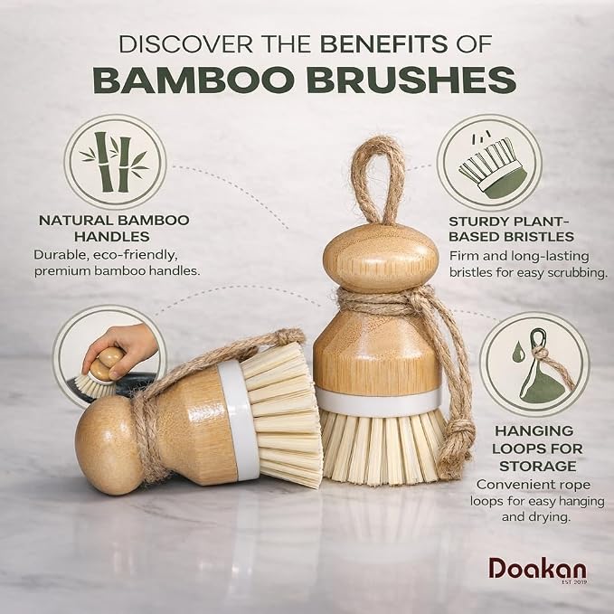 Set of 2 Eco-Friendly Non-Scratch Bamboo Kitchen Cleaning Brushes | Compact Wooden PP Dish Scrubbers with Ergonomic Handles and Hanging Ropes (3.9 x 1.3 inches, 0.21 lbs Each)