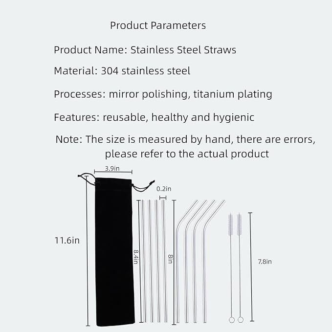 Heavy Duty 304 Stainless Steel Reusable Straw Set, 8 Pack Multi-Color Smoothie Straws with Travel Pouch & Cleaner, Dishwasher Safe Eco- (Rose gold-black bag,8pc)