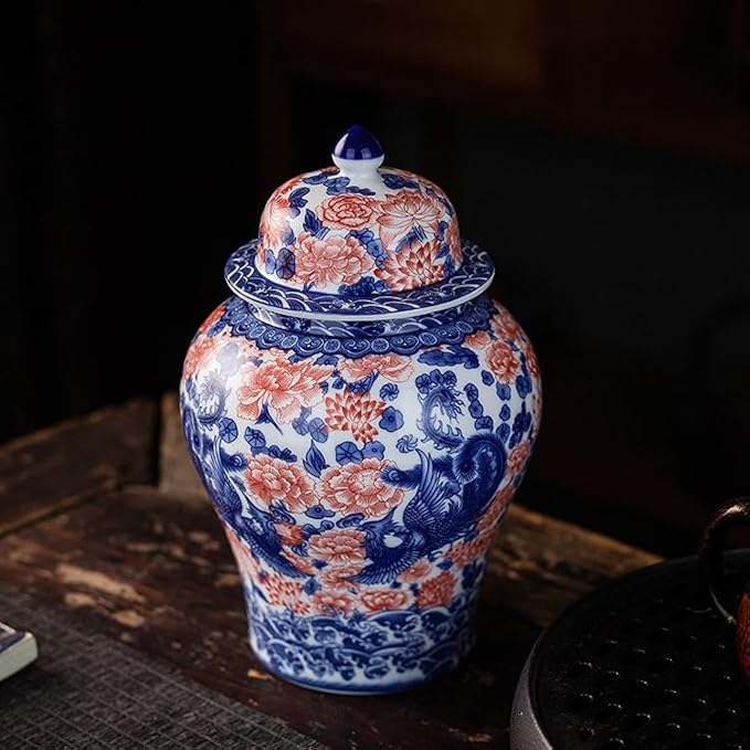 Porcelain Airtight Canister 45 Oz/1350ml, Blue White with Red Glazed Ceramic Large Food Storage Jar for Cereals, Rice, Tea leaves, Coffee Beans, Herb, Candy, Spices, Nuts (Phoenix)