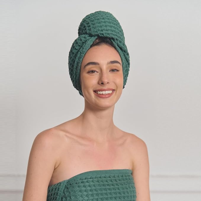 Luxury Organic Japanese Cotton Hair Drying Waffle Towel Wrap for Women | Absorbent, Quick-Dry Head Turban for Shower, Sauna, Spa | Extra Large for Long, Curly, Straight Hair With Button (Green, 2 Pc)