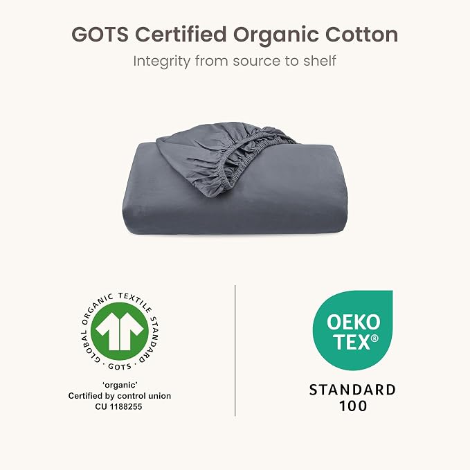 BIOWEAVES 100% Organic Cotton 1 Twin XL Fitted Sheet Only | 300 Thread Count Sateen Weave GOTS Certified with Deep Pocket - Gray