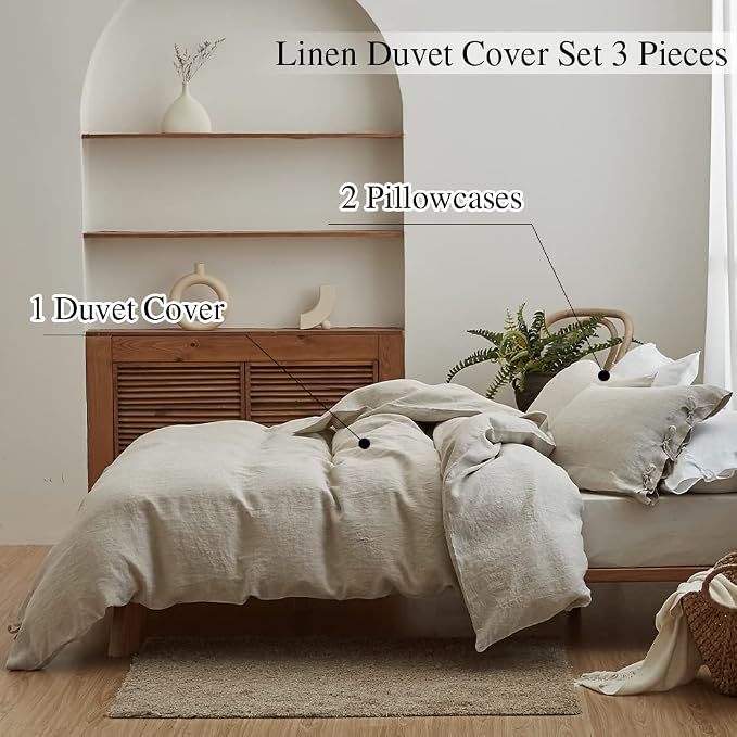 Simple&Opulence 100% Linen Duvet Cover Set 3pcs with Bowknot Ties Closure Natural French Washed Flax Solid Color Soft Breathable Farmhouse Bedding - Linen, King Size