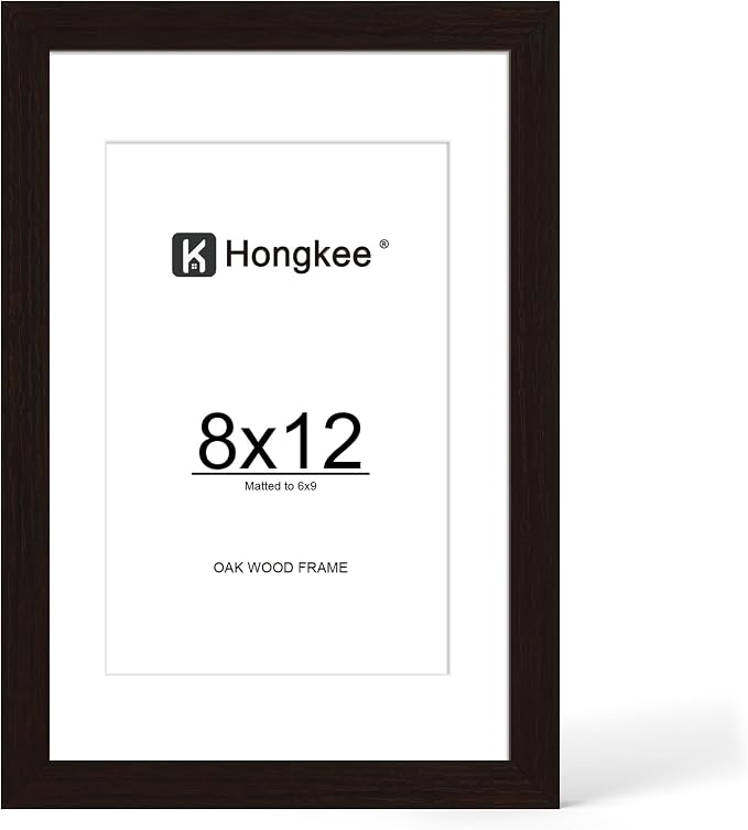 Hongkee 8x12 Oak Wood Picture Frame 1 Pack(Matted 6x9), Real Glass Cover | Black, 8 x 12 Solid Wood Frame for Wall or Tabletop Display - Includes Easel Back, Vertical Hang - Ideal for Home, Office