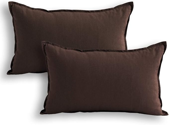 Jeanerlor Cotton Linen Square Decorative Throw Pillow Case Cushion Cover with Twin Needles Stitch on Edge, 12"x20"(30 x 50cm), 2 Pcs, Brown