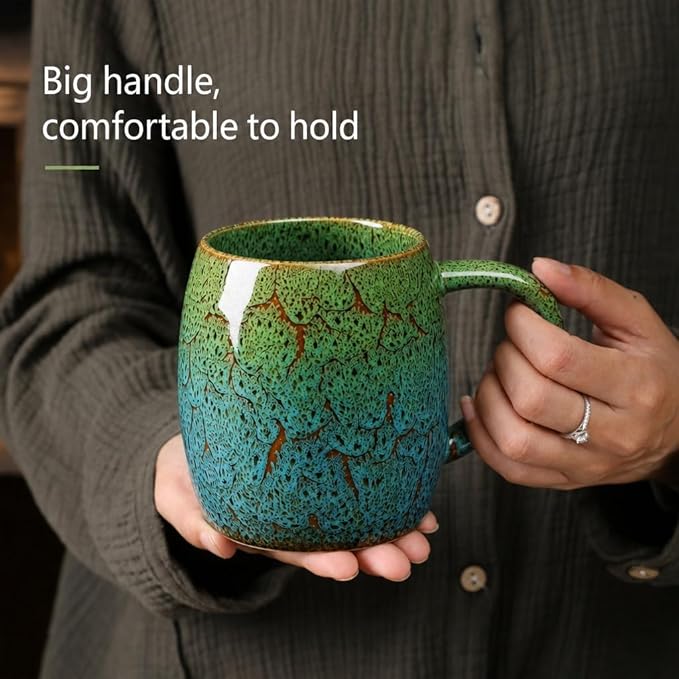 21oz Large Handmade ceramic Mug, Big Ceramic Tea Cup, Durable and Heavy Microwave and Dishwasher Safe Pottery Coffee Mug with Handle, Reactive Glaze Stoneware Clay coffee mug (Blue and Green)