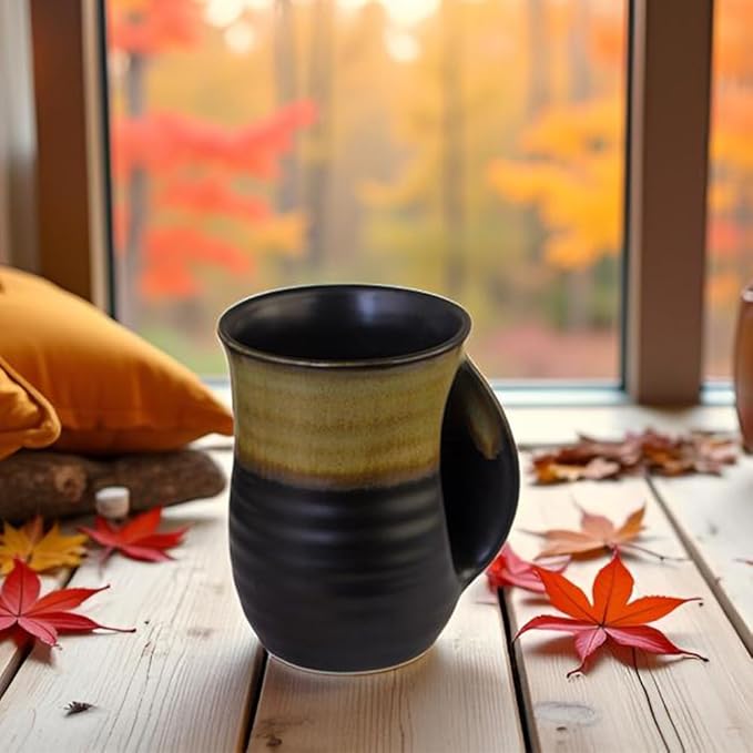 Hand Warmer Coffee Mug for Christmas - 16 Ounce Large Handwarmer Ceramic Mugs Handmade Pottery Gift for with Contoured Pocket, Keep Your Fingers Warmth(Right Handed,Beige/Black)