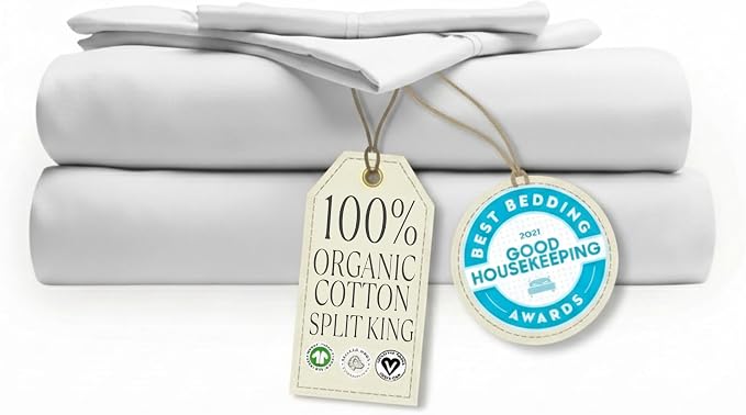 Delilah Home 100% Organic Cotton Split King Bed Sheet Set, GOTS & Vegan.org Verified Long Stem 300 TC Sateen Bedding Non-Synthetic Deep Pocket Fitted Linen, Lightweight, All-Season, 4 Pieces - White