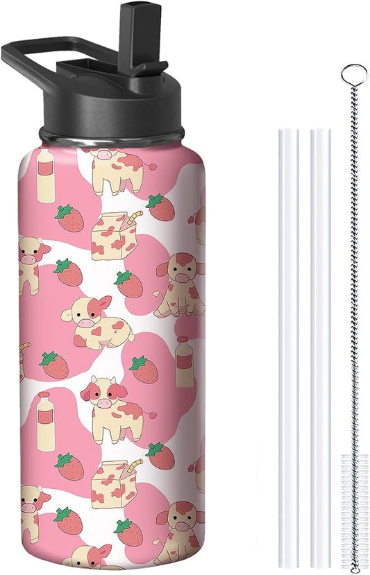 32oz Pink Cow Strawberry Water Bottle with Handle and Flip Straw,Animal Sports Stainless Steel Insulated Cup Travel Coffee Mug Tumbler, Birthday Mothers Day Chritmas Gifts for Women