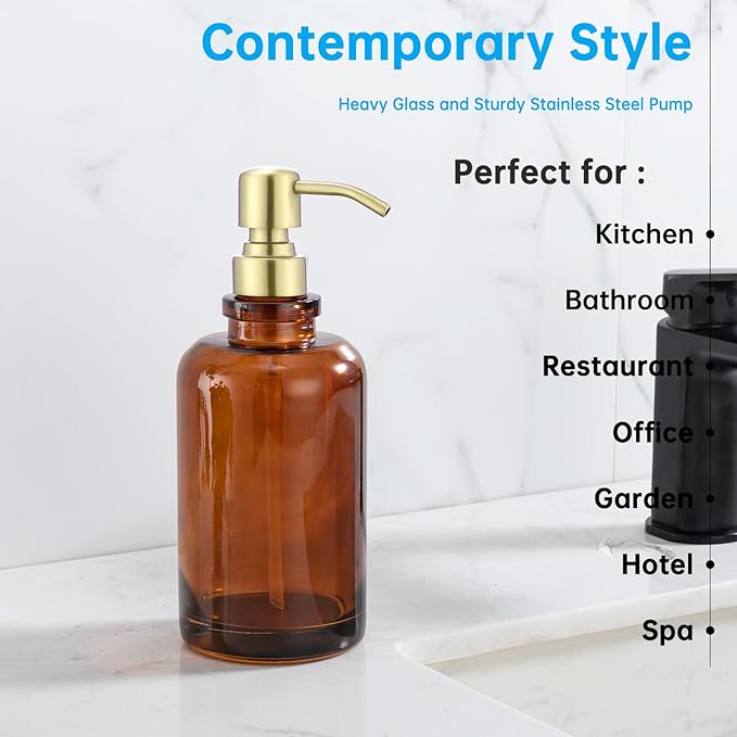 Amber Soap Dispenser Glass Bottle with Brushed Gold Pump, 17 OZ Liquid Soap Dispenser Cylindrical with Stainless Steel Pump for Dish Hand Soap Bathroom Kitchen Vanity Countertop