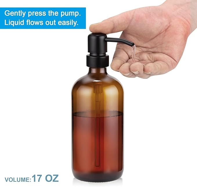 2 Pack Amber Glass Soap Dispenser，Dish Soap Dispenser Set, Modern Vintage Liquid Brown Soap Dispensers Bottle