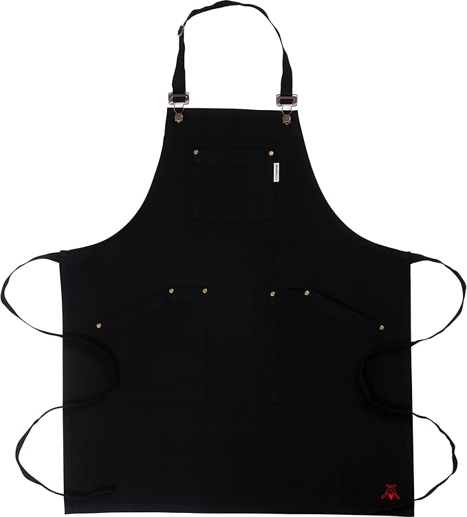CatCora Kitchen Apron, Black, Heavyweight Cotton Canvas, Spill-Shedding Finish, Full Coverage, Fade-Safe, 3 Pockets, Unisex