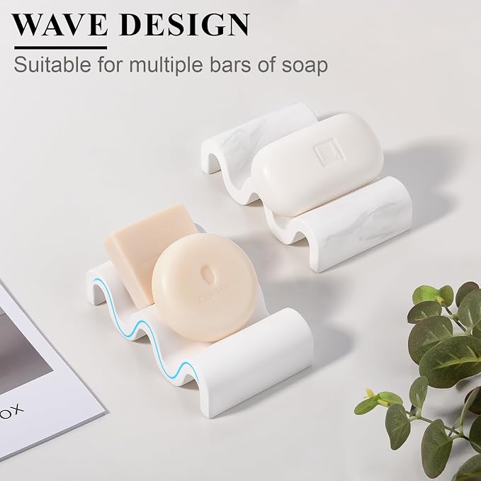 Diatomite Soap Dish Quick Drying Bar Soap Holder Draining Soap Saver Rack Wave Pattern Sponge Tray for Bathroom Sink, Shower, Kitchen, Marble White