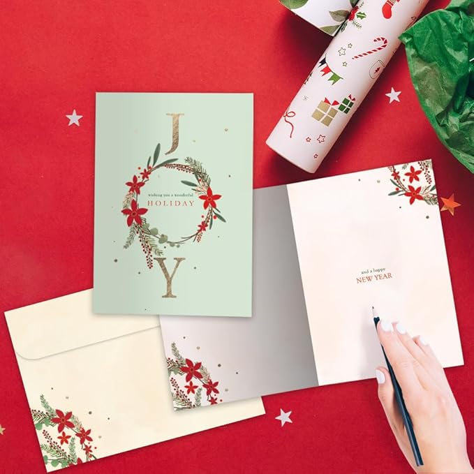 Tree-Free Greetings - Season's Greeting Card - Artful Designs - 1 Card + Matching Envelopes - Made in USA - 100% Recycled Paper - 5 x 7 - Joy Wreath (VO80673)