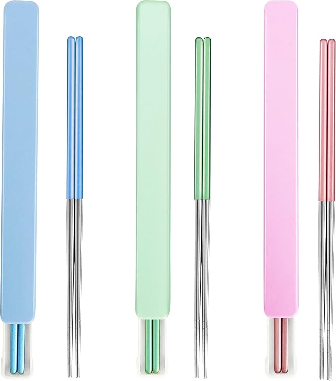 Metal Chopsticks With Case, 3 Pairs, Light Blue Green Pink | Reusable, Dishwasher Safe, Square Lightweight Non-Slip, Portable For Travel Camping Bento Box