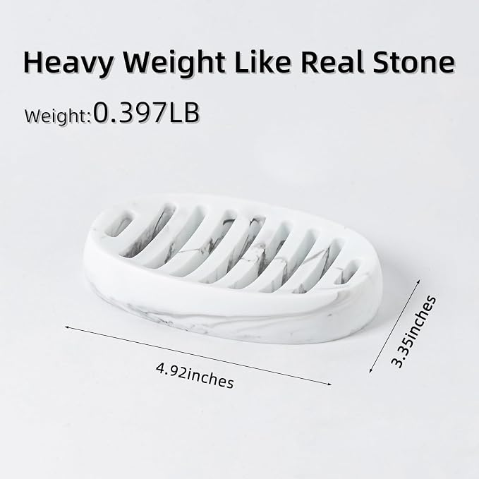 Soap Dish, Bar Soap Holders, Oval White Marble Look | Modern, Minimalist, Simple, Self Draining, Soap Saver Spone Holder Tray, for Shower Bathroom Countertop Kitchen Sink Bathtub