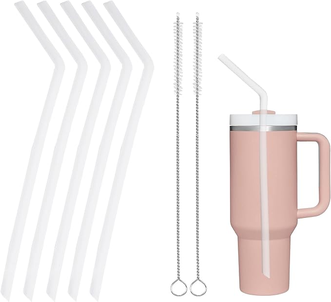 HEYSKAY Reusable Drinking Straws Replacement Bendy Silicone Straws Compatible with Stanley 20-40oz Tumblers and Other Brands with 2 Straw Brushes, Soft and Safe, Clear