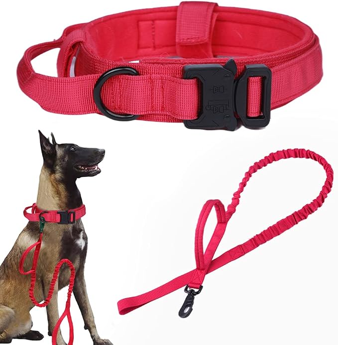 Tactical Dog Collar and Leash Set Adjustable Military Nylon Dog Collar with Control Handle and Heavy Duty Metal Buckle for Large Dogs（Red XL