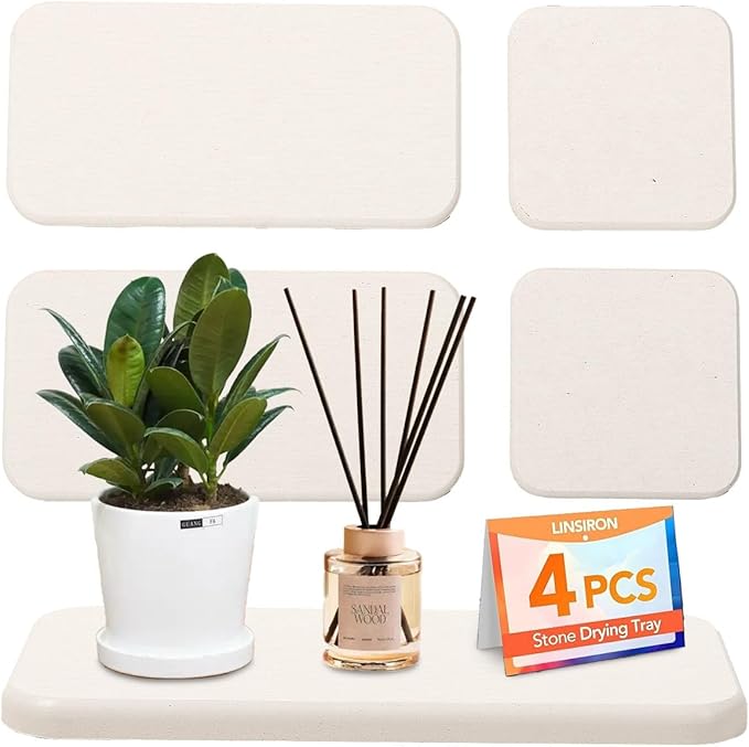 Diatomite Soap Tray Water Absorbing Stone Tray Set of 4 Drying Stone Sink Mat for Kitchen Bathroom Counter (White)