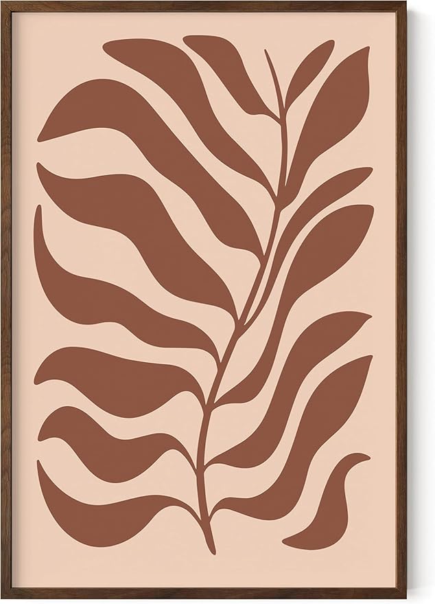 Abstract Organic Leaf Silhouette Wall Art Botanical Shapes Earth Tones Terracotta Mid Century Modern 24x36 Inch Oak Wood Walnut Framed Minimalist Print for Bedroom Decor