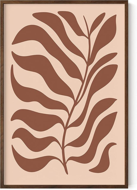 Abstract Organic Leaf Silhouette Wall Art Botanical Shapes Earth Tones Terracotta Mid Century Modern 24x36 Inch Oak Wood Walnut Framed Minimalist Print for Bedroom Decor