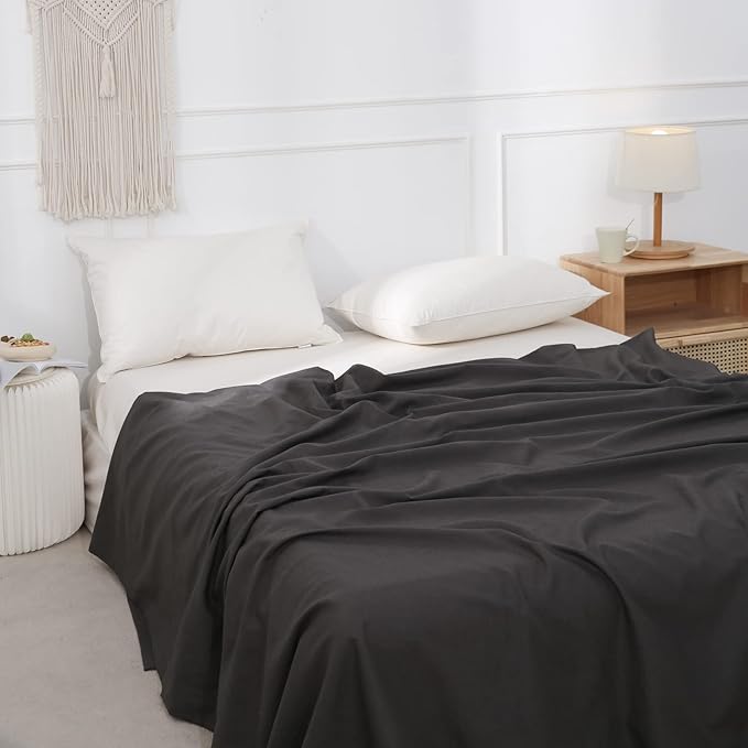 BISELINA Linen Sheet French Flax Flat Sheet Only 55% Euro Linen 45% Cotton Basic Style Solid Color Soft Breathable Farmhouse Top Sheet 1-Piece (Twin, Dark Grey)