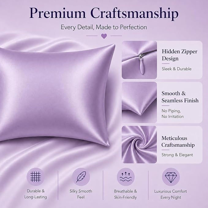 Mulberry Silk Pillowcase King Size Lavender Luxury Made in USA, Premium Silk Pillow Cases Purple for Hair and Face, Real 22 Momme, Anti Aging, 1 Pc 20"x36" (King, Purple)