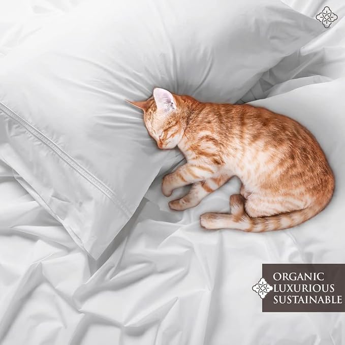 BIOWEAVES 100% Organic Cotton Percale Weave Sheets Queen – Crisp, Soft & Naturally Cooling, 300 Thread Count GOTS Certified Sheets for Queen Size Bed with 17” Deep Pocket – 4 Piece Set, White