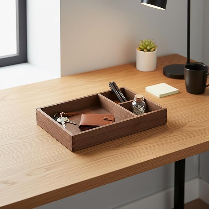 Solid Black Walnut Wood Desk Organizer Tray for Office, Entryway, and Home Storage