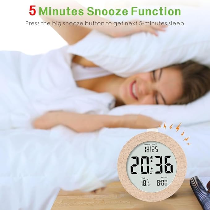 Wooden Digital Alarm Clock for Bedrooms,Wood 4In Battery Powered Alarm Clock with Snooze and Nightlight,LCD Desk Clock,A