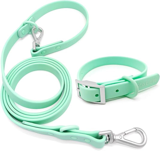 ZALER Dog Collar and Leash Set, Waterproof Adjustable Odor Proof Pet Collars Leashes Easy to Clean, 6FT Dog Leash with 2 Hooks for Large, Medium Small Dogs (L, Mint Green)