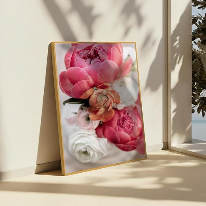 Monem Art Pink Peony Floral Macro Photography Print - Romantic Flower Art Poster - Wall Decor for Living Room, Bedroom or Office - 24x32 Gold Framed CANVAS Wall Art by Mareike Bohmer