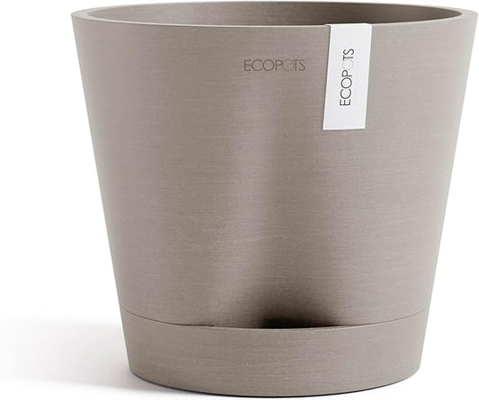 Ecopots Venice 2 Durable Modern Round Indoor/Outdoor Recycled-Based Composite Flower Pot Planter w/Water Reservoir, Taupe, 8"