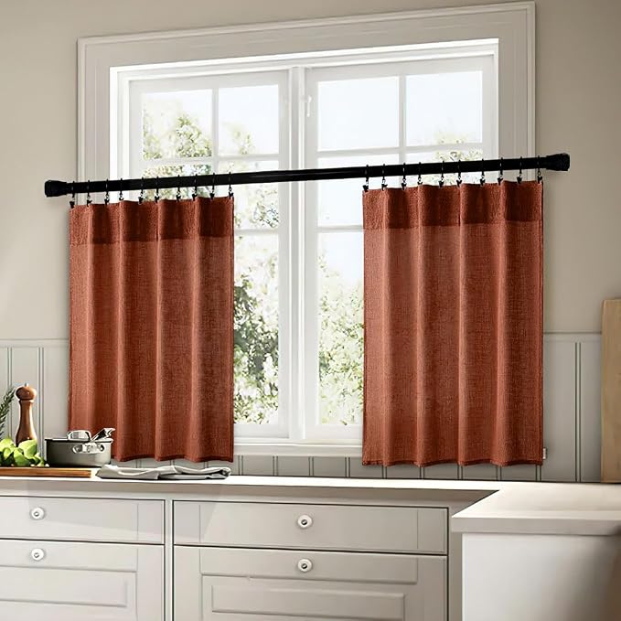 MIULEE Burnt Orange Kitchen Curtains 30 Inch Length 2 Panels, Soft Thick Linen Textured Semi Sheer Light Filtering Short Cafe Tier Curtains for Small Half Window Back Tab Rod Pocket Fall Boho Decor